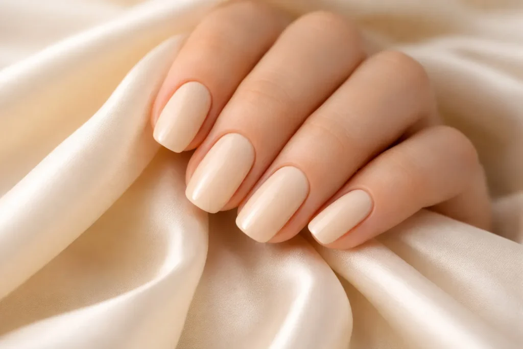 Warm creamy ivory nails on a hand resting against off-white silk fabric.
