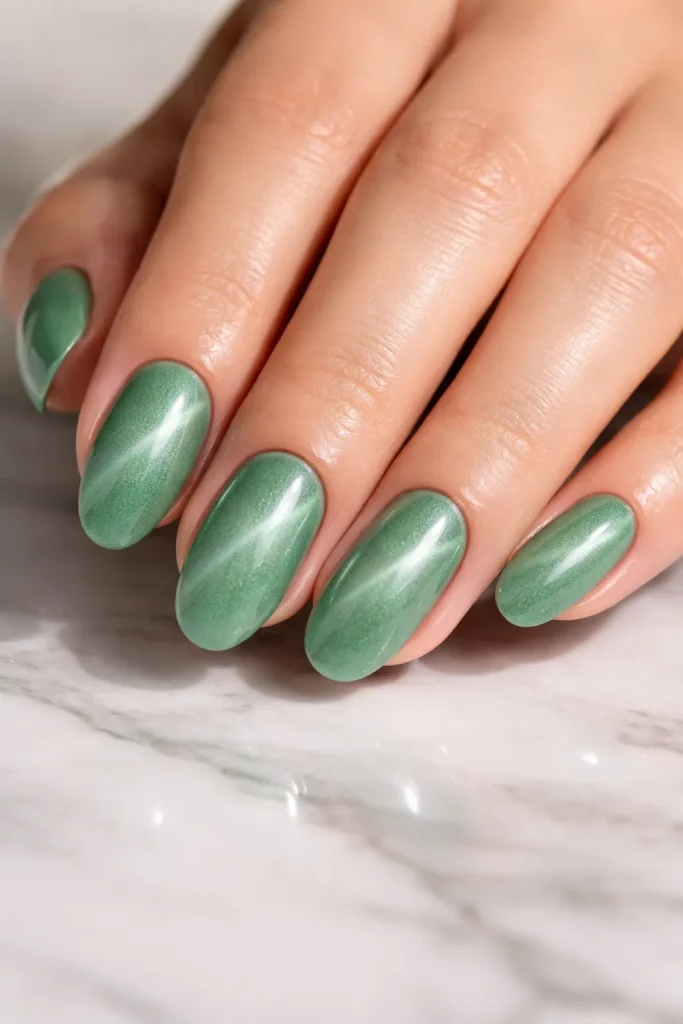 Jade green cat eye nails with a stone-like magnetic shimmer on marble.