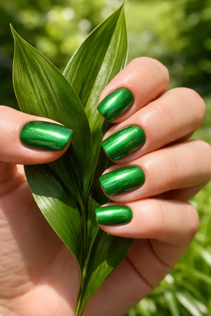 Vibrant kelly green cat eye nails with a bold magnetic line in sunlight.