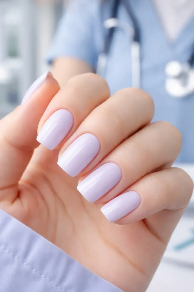 Extremely pale lavender nail polish on short nails in a bright setting