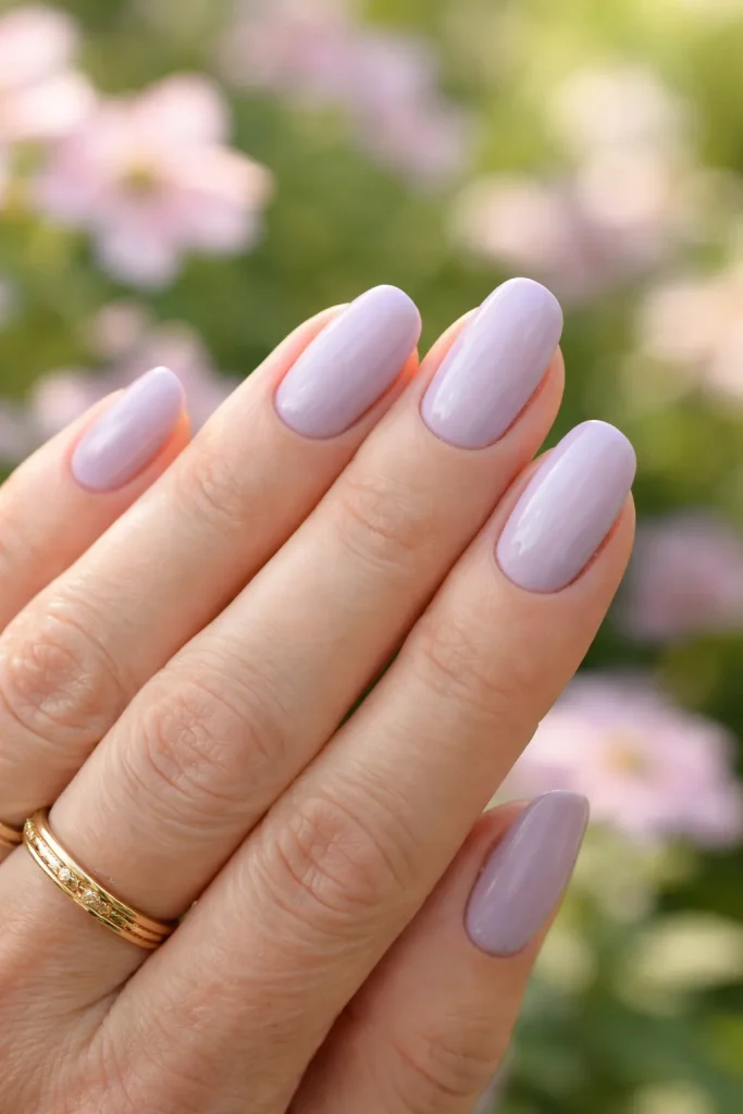 Pale lavender nail polish on a woman's hands in a garden setting