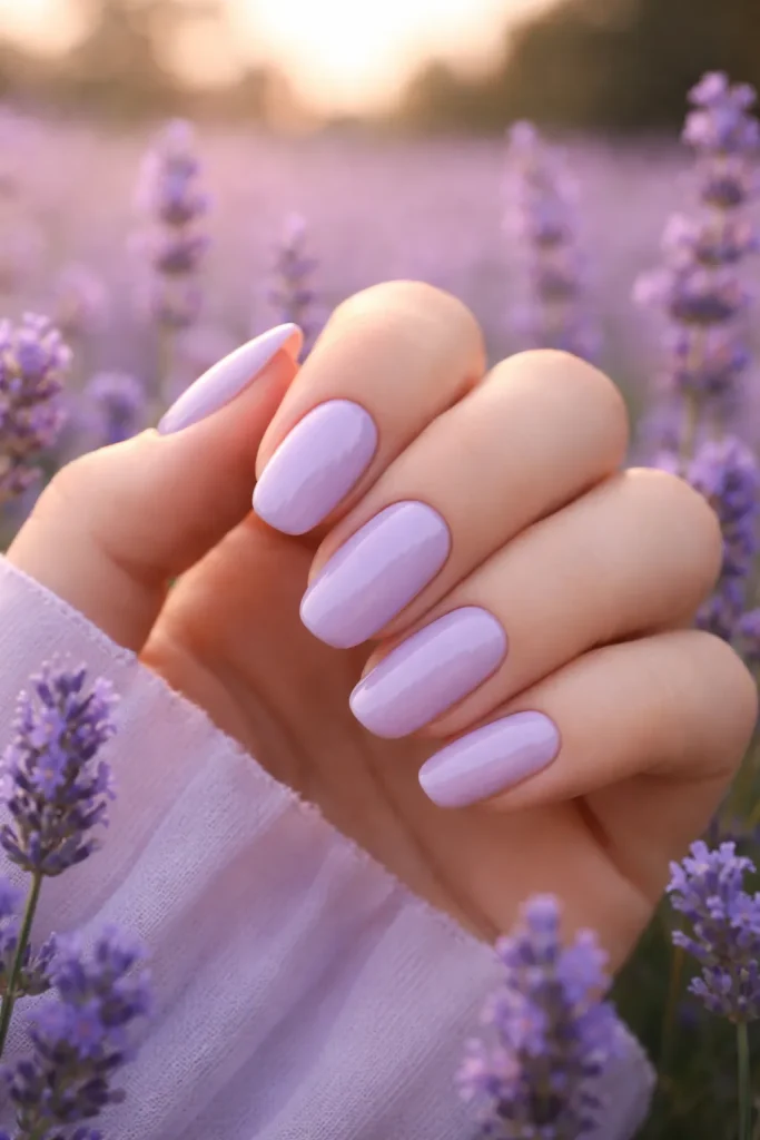 Soft lavender pastel nails on a feminine hand in a flower field