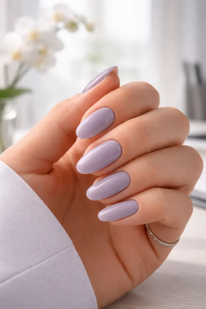 Muted soft lavender manicure on professional nails in a bright office environment