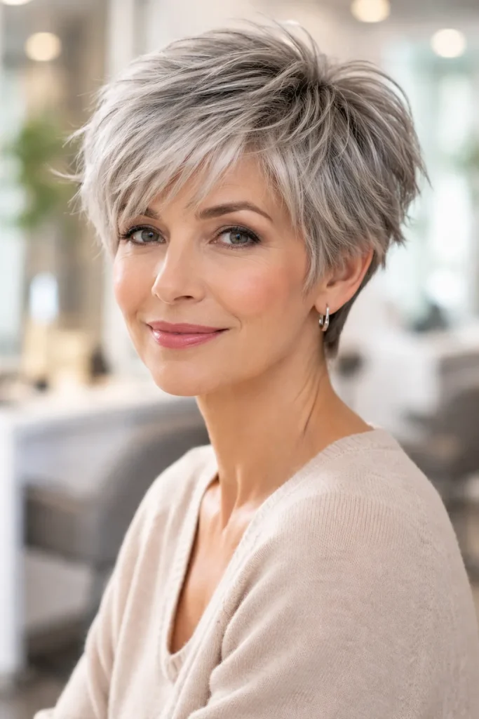 Elegant older woman with a silver short layered pixie haircut in a bright salon