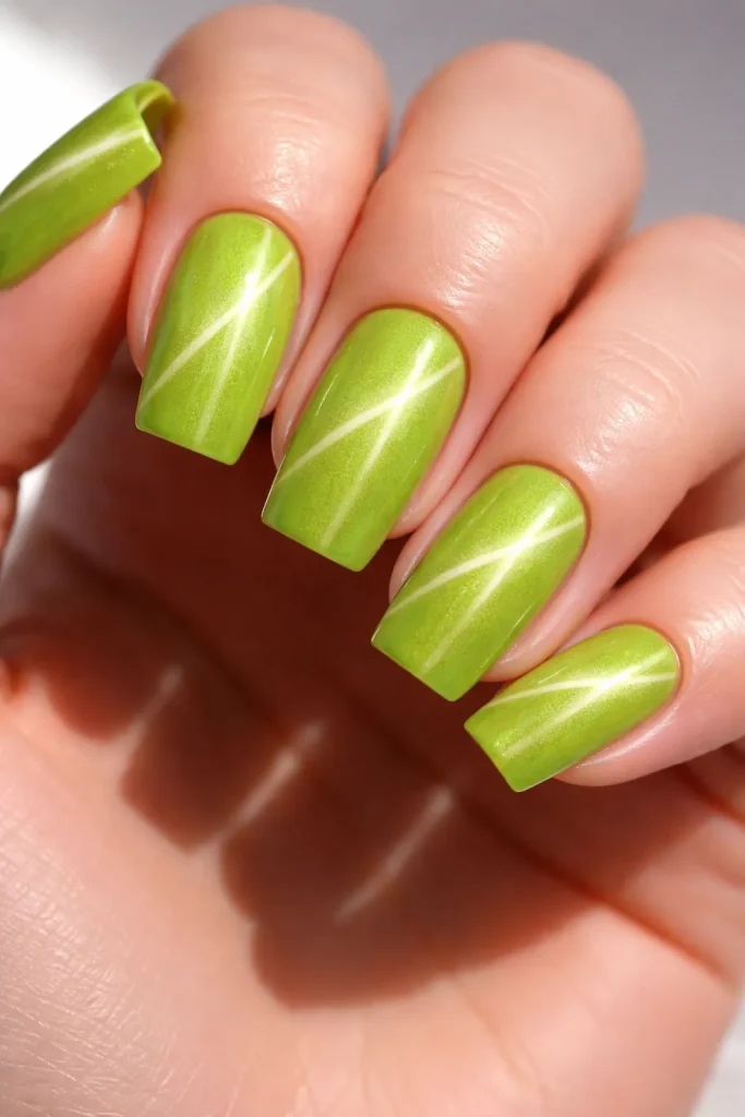 Vibrant lime green cat eye nails with an electric magnetic glow.