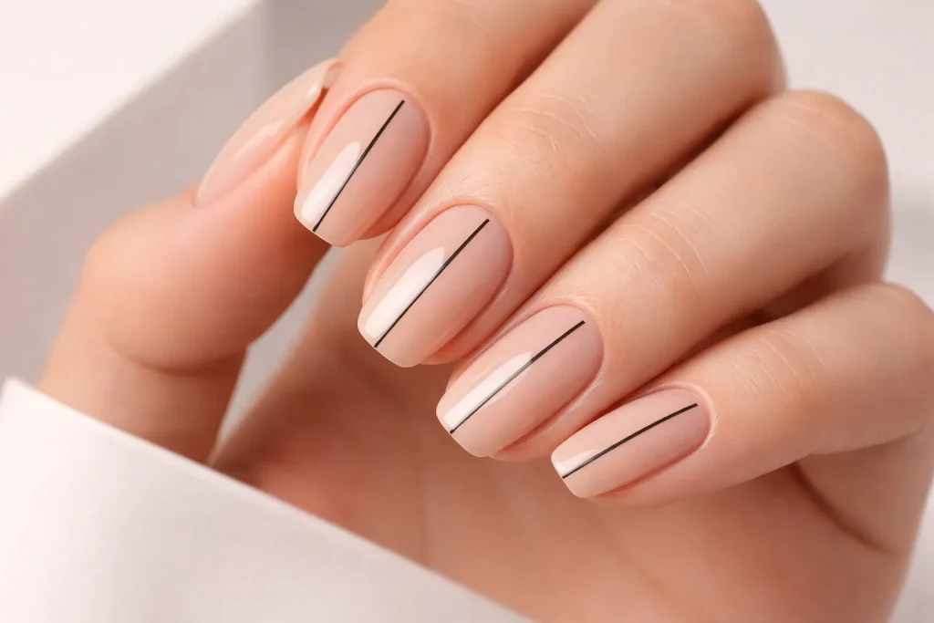 Sheer nude nails with minimal vertical black line art design.