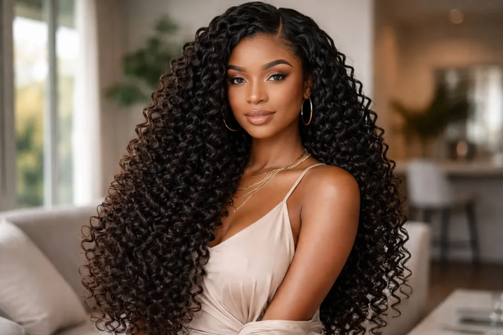 Long waist-length curly crochet hairstyle for Black women