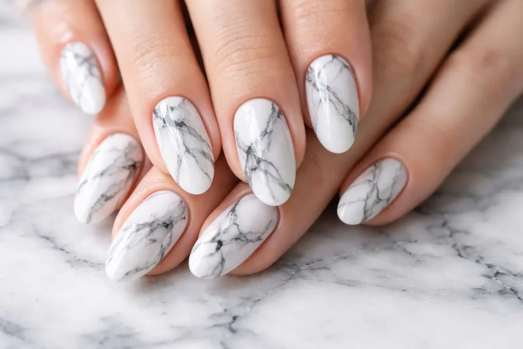 White nails with intricate grey marble patterns on a marble surface.