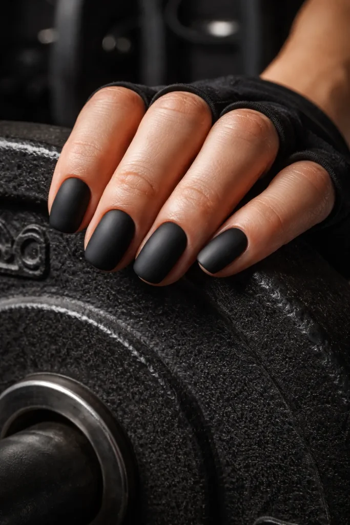 Short matte black gel nails resting on an iron weight plate