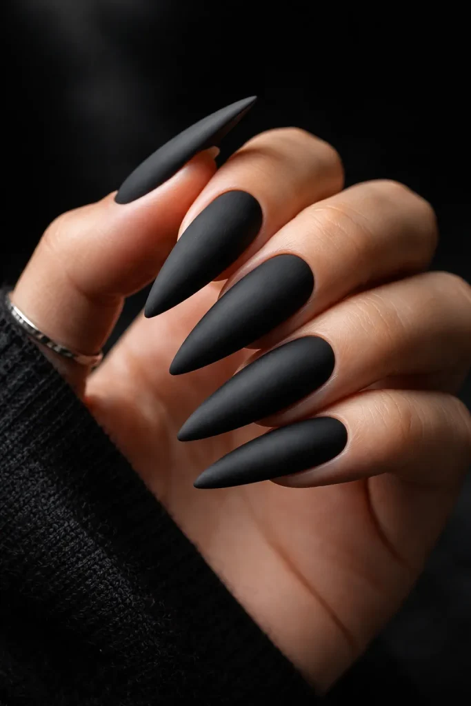 Modern matte black manicure on long stiletto shaped nails