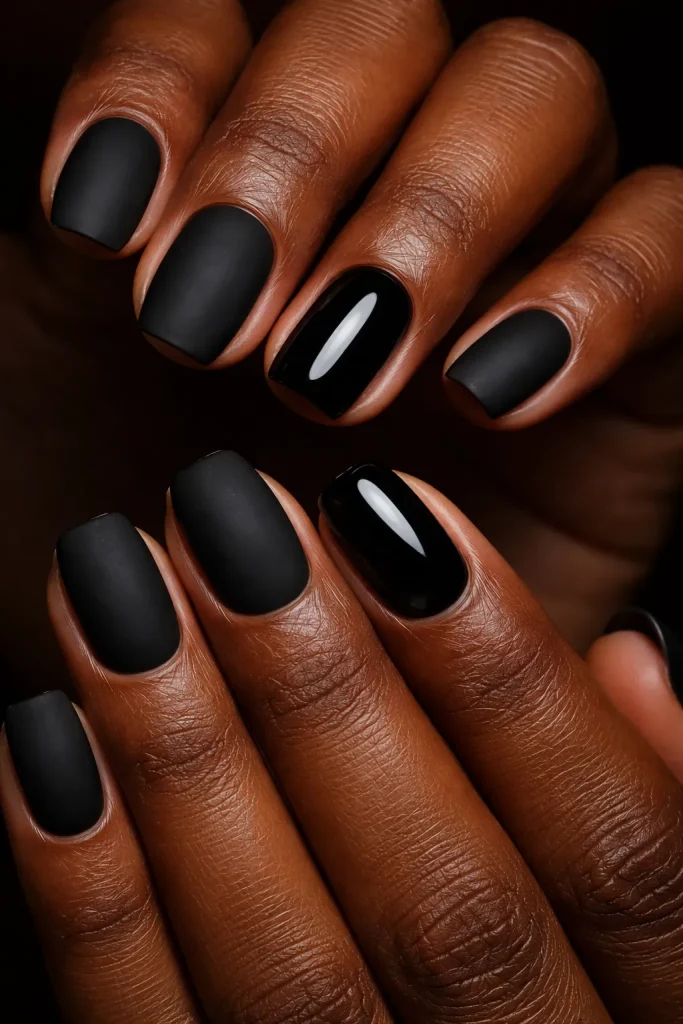 Matte and glossy black texture contrast on short nails