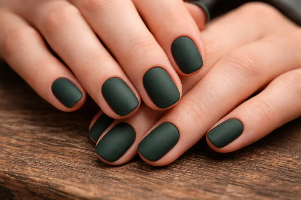 Short round nails with a velvety matte dark green finish on wood.