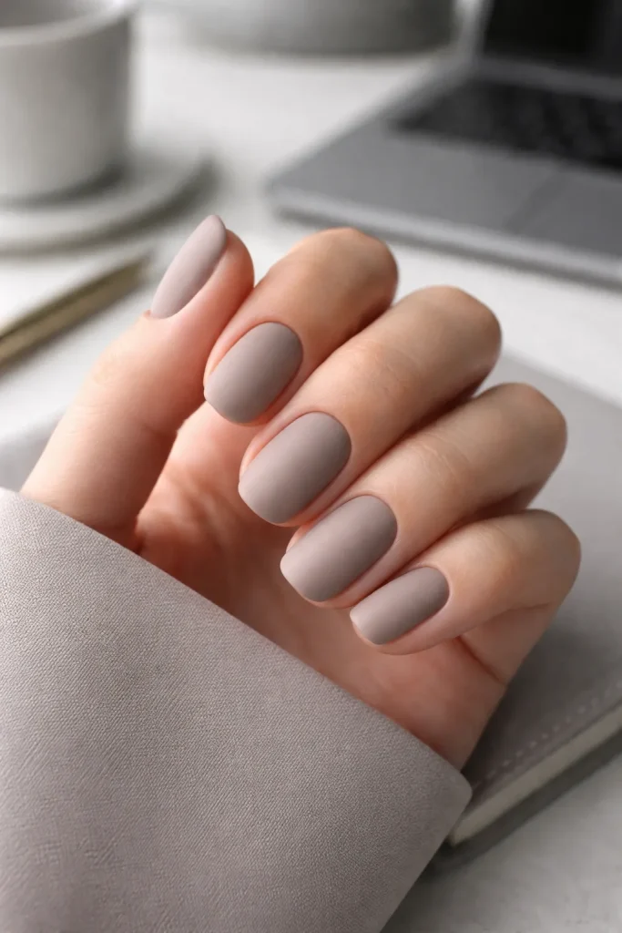 Velvety matte finish on a greige manicure for a modern and editorial professional look