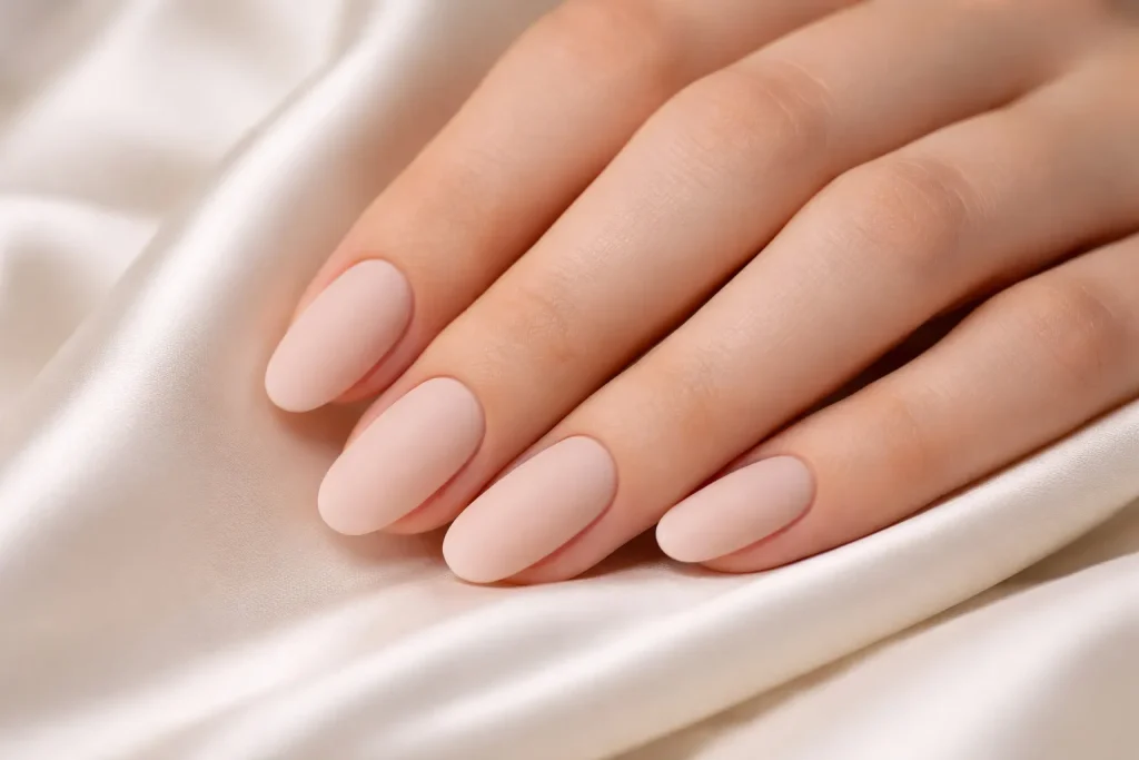 Sophisticated matte nude nails with a velvet finish for brides
