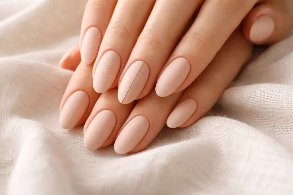 Matte nude birthday nails with a minimalist gold line detail