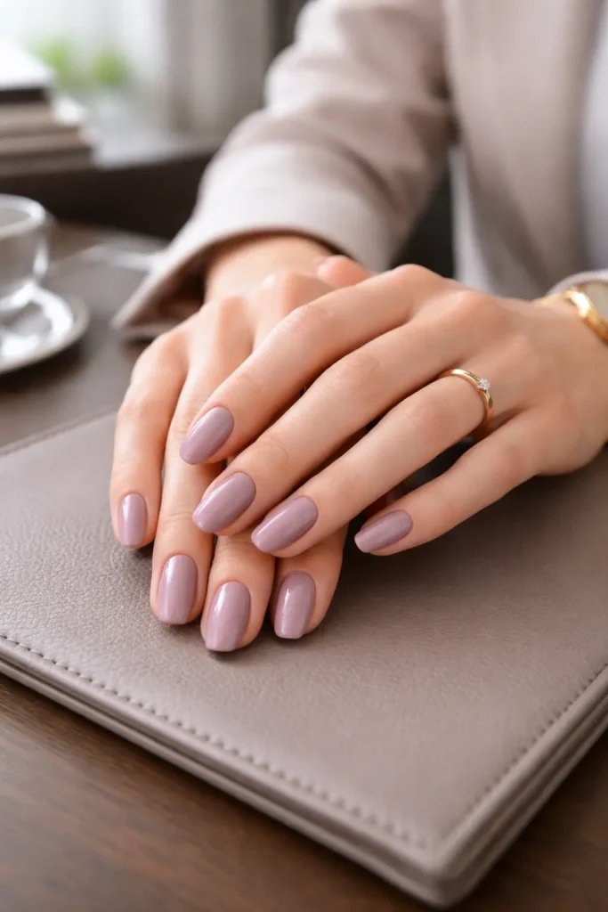 Muted soft mauve glossy manicure on professional hands in an executive office setting