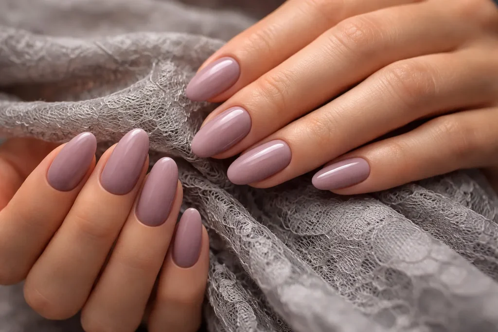 Sophisticated soft mauve nails on a hand resting against grey lace fabric.