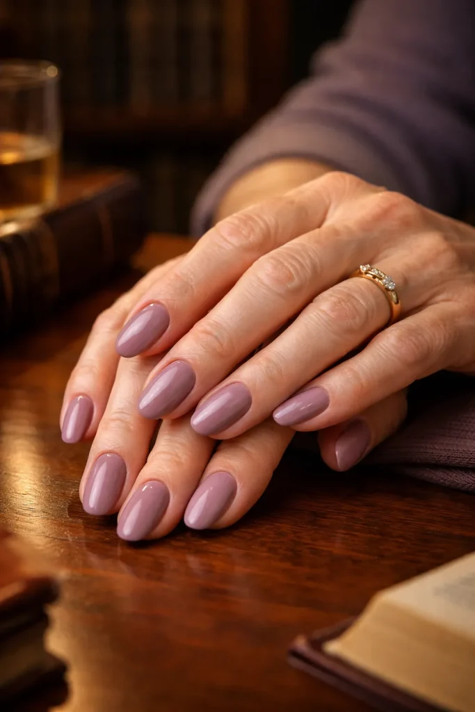 Muted mauve nail polish on mature hands in a sophisticated setting