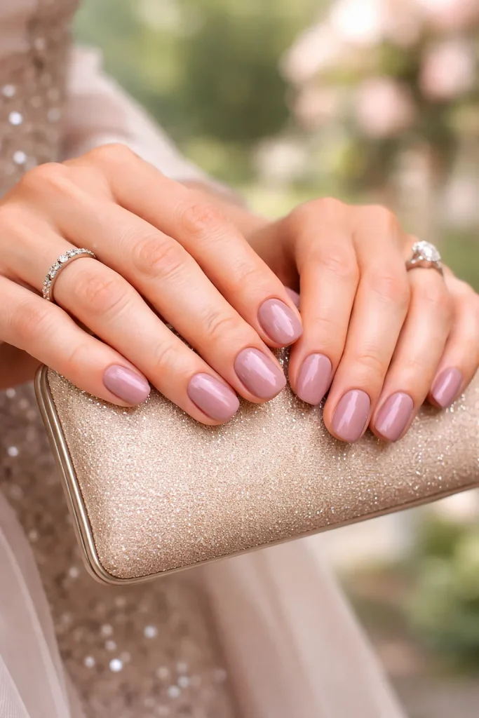 Glossy soft mauve nails on rounded squoval shape for mother of the groom