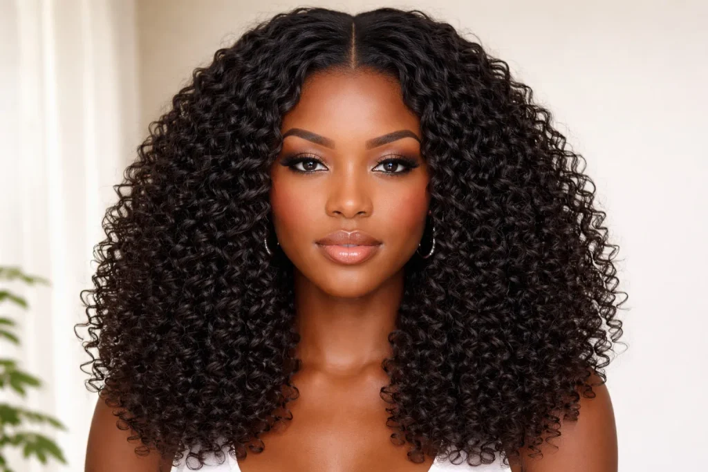 Symmetrical middle part curly crochet hairstyle
