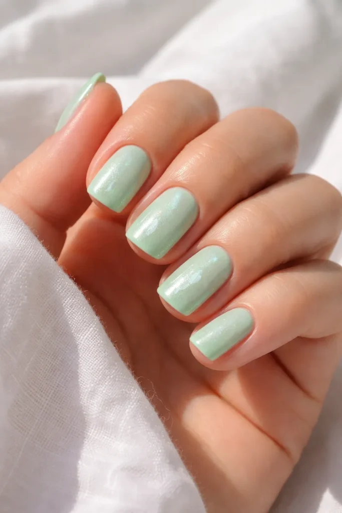 Mint green cat eye nails with subtle magnetic shimmer on short squoval nails.