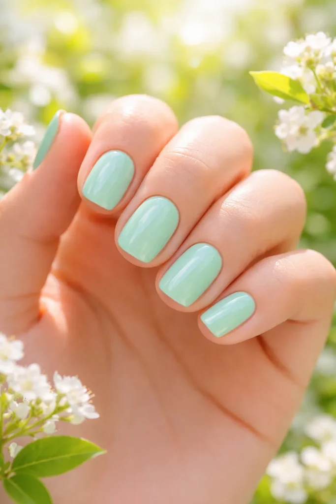 Fresh mint green pastel nails on a hand against a spring garden background