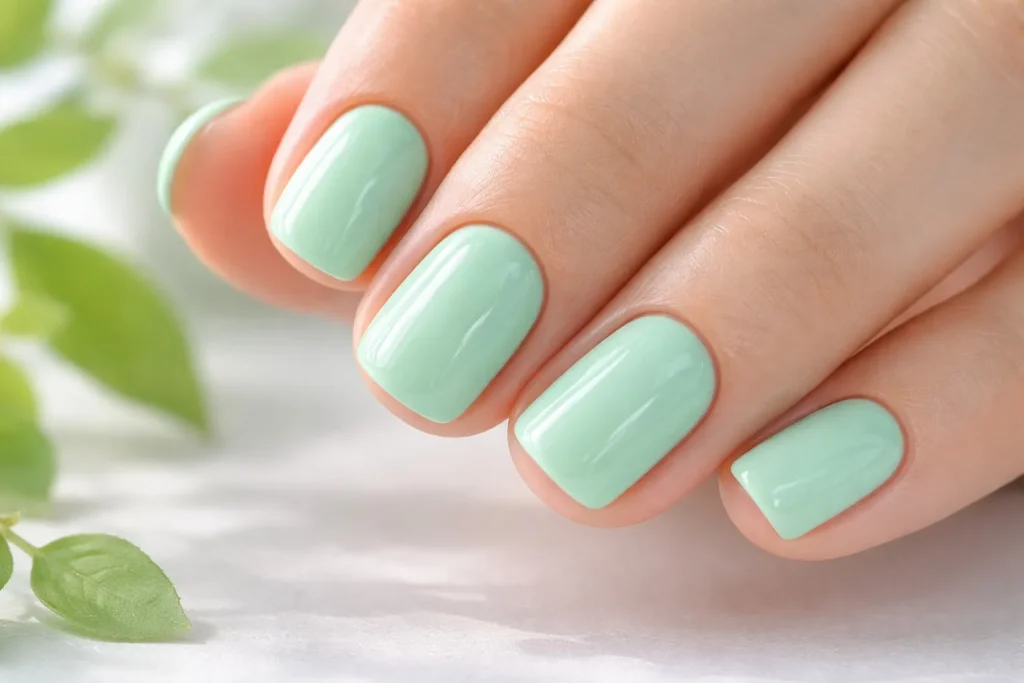 Short square nails featuring a refreshing and glossy mint green nail polish.