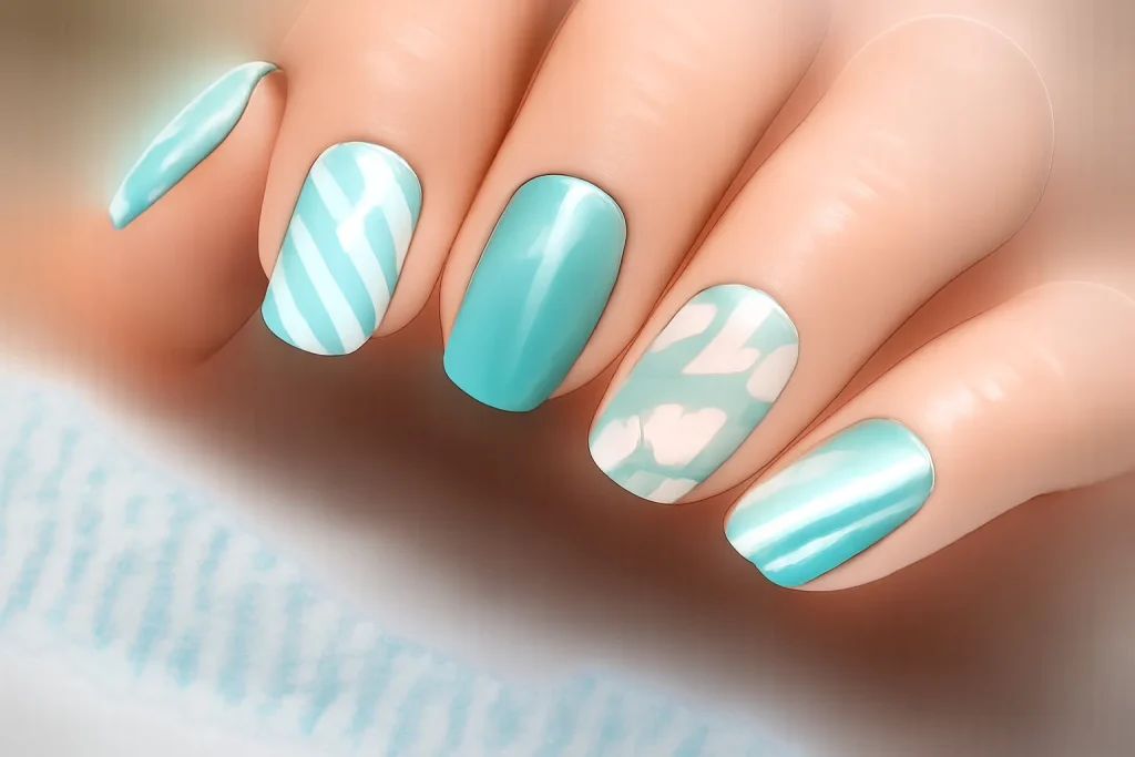 Teal and mint nails with mismatched patterns including dots, stripes and hearts.