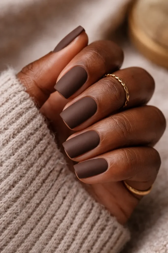 Flat matte mocha brown nails on a Black woman's hand