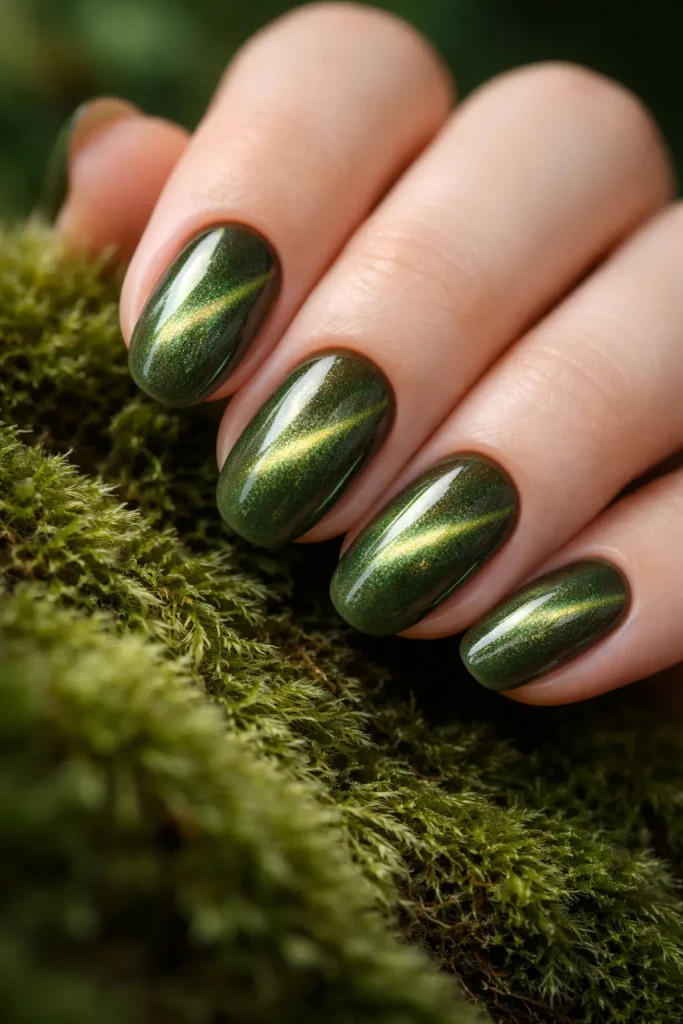 Earthy moss green cat eye nails with organic magnetic shimmer resting on moss.