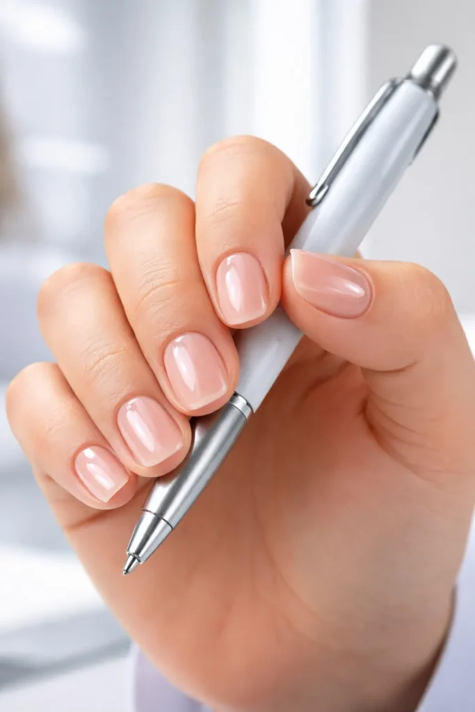 Short nails with a strengthening treatment coat and subtle pink tint