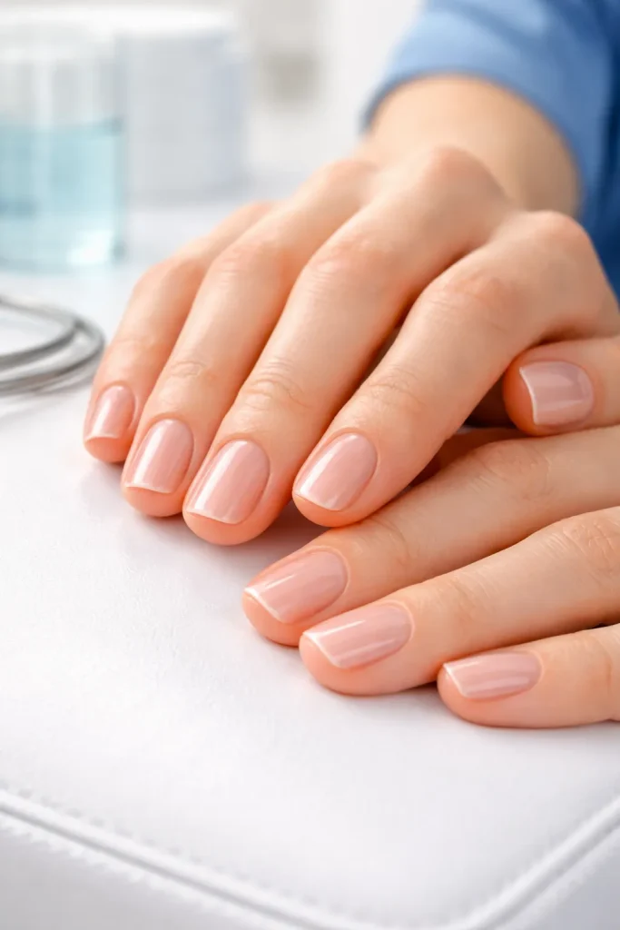 Close up of short natural fingernails with shiny clear polish in a medical setting