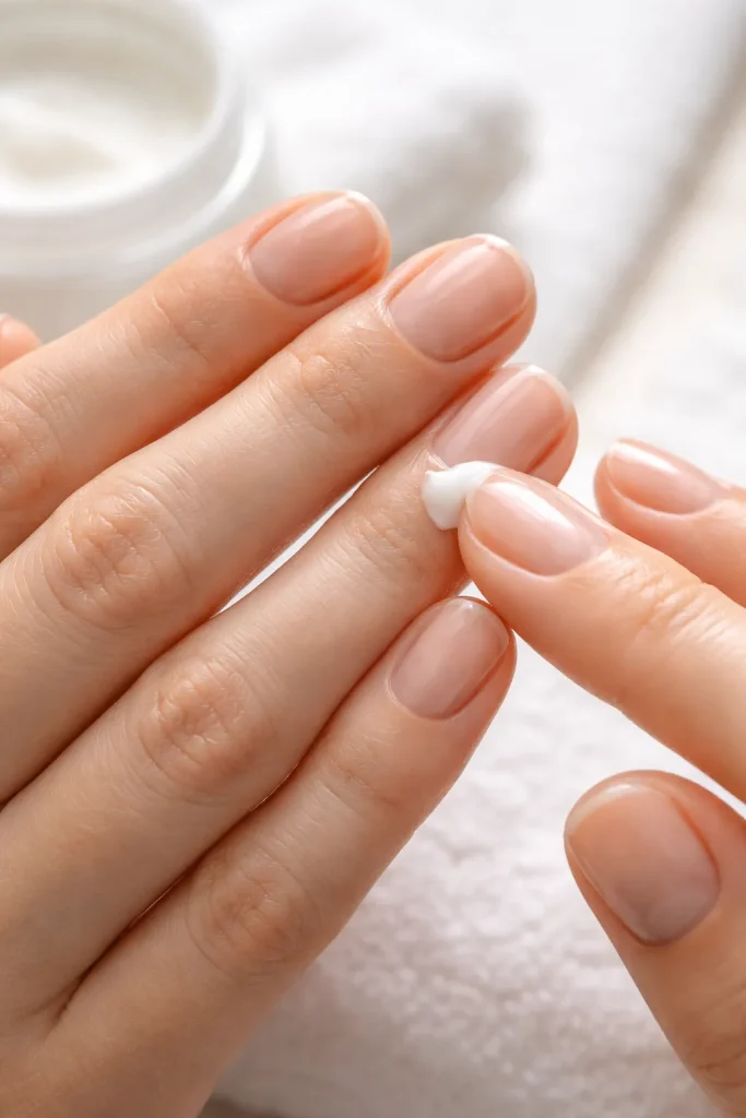 Close up of healthy natural nails and moisturized cuticles