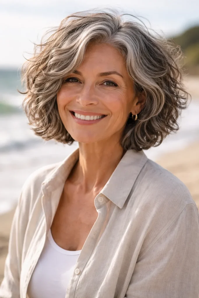 Mature woman with a bob haircut designed to work with her natural texture