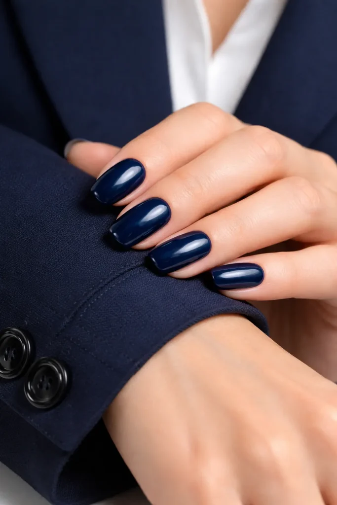 Glossy navy blue manicure on professional hands matching a business blazer