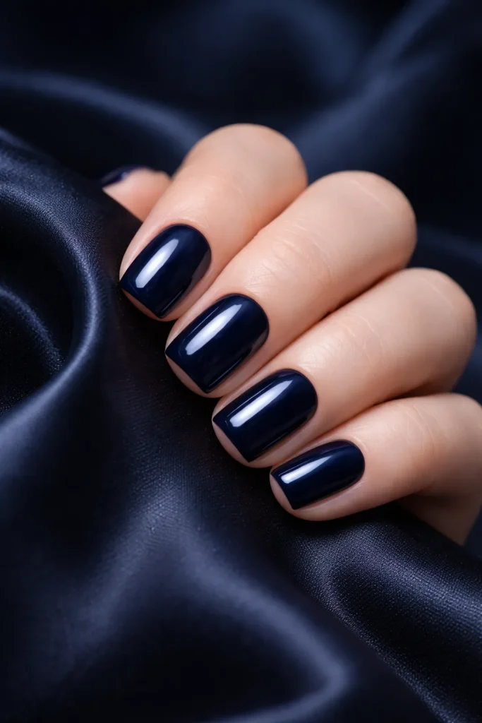 Sophisticated dark navy blue nails with a high-gloss finish on silk
