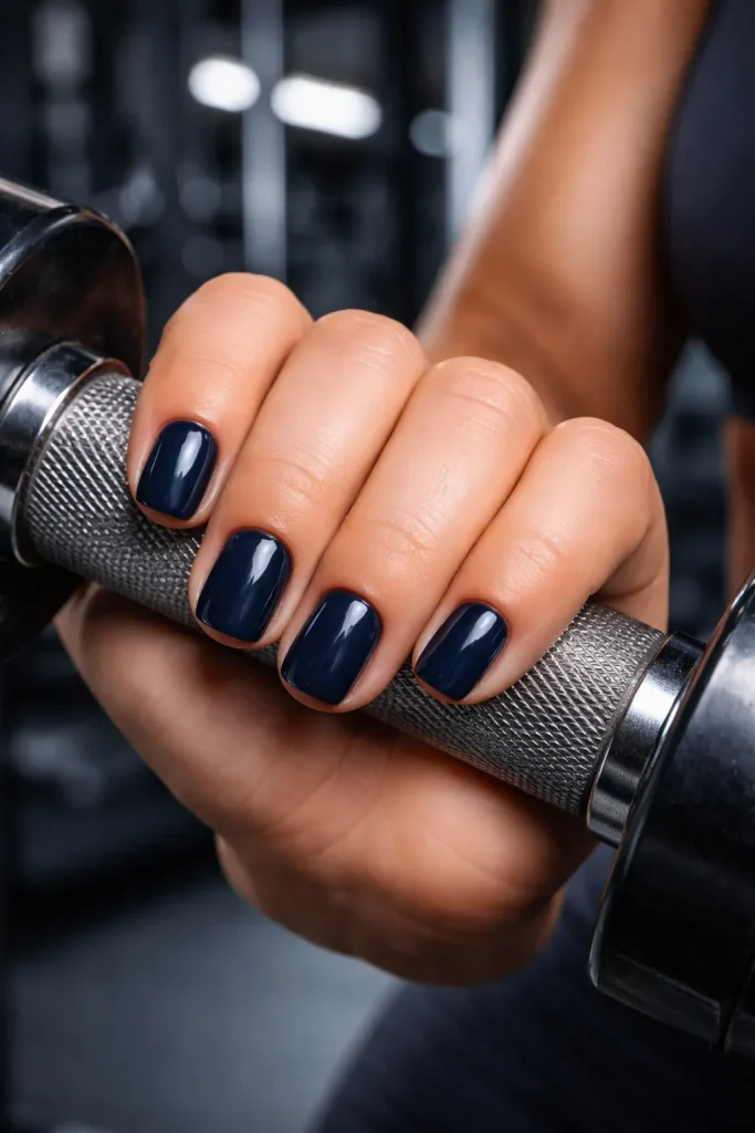 Navy blue short nails on a hand holding a dumbbell