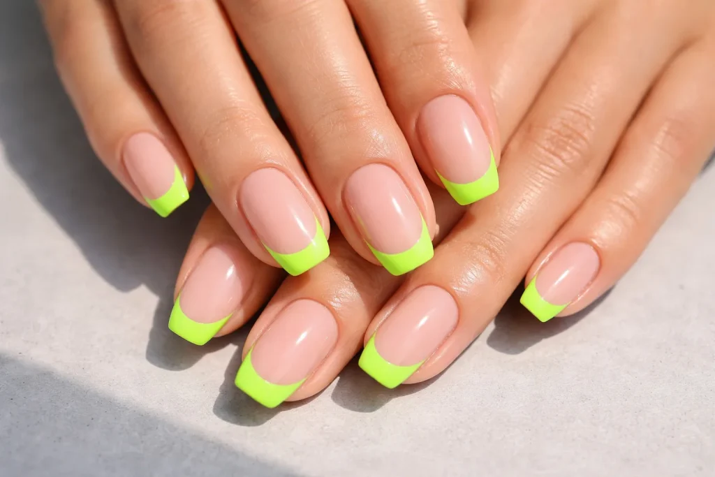 Nude nails with electric lime green neon French tips in a modern style.