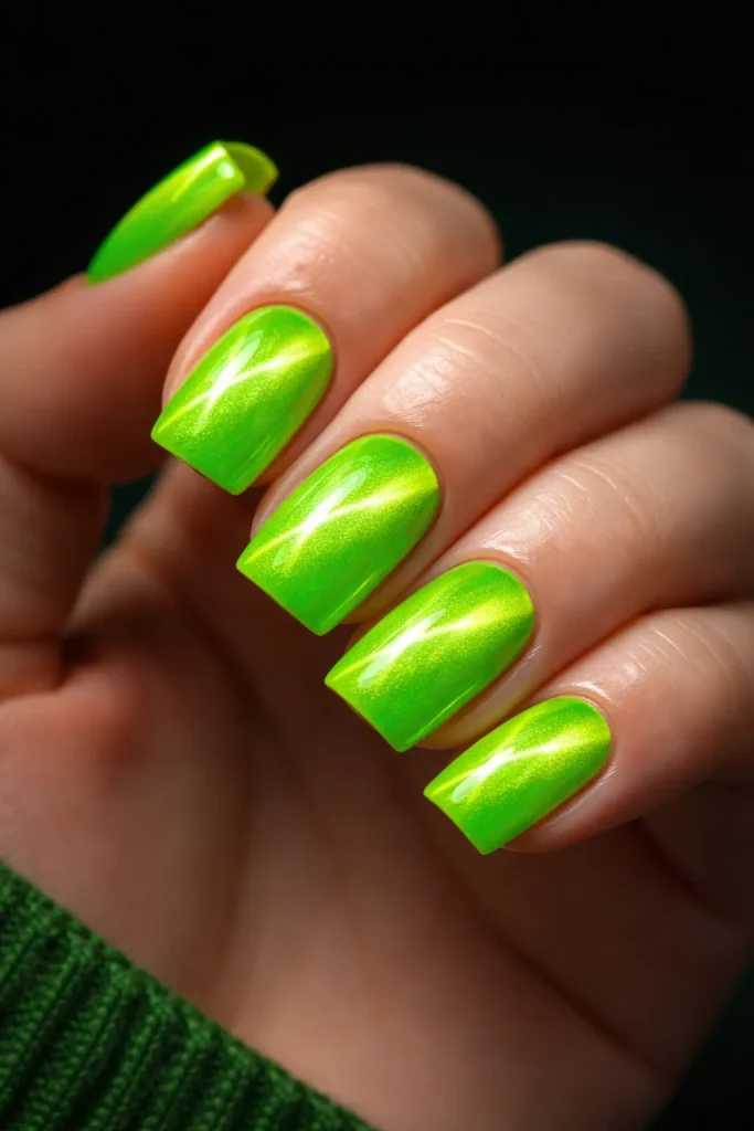 Bright neon green cat eye nails with a glowing magnetic effect.