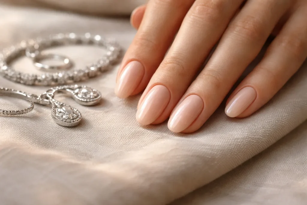 Elegant nude beige nails on a woman's hand with a neutral linen background.
