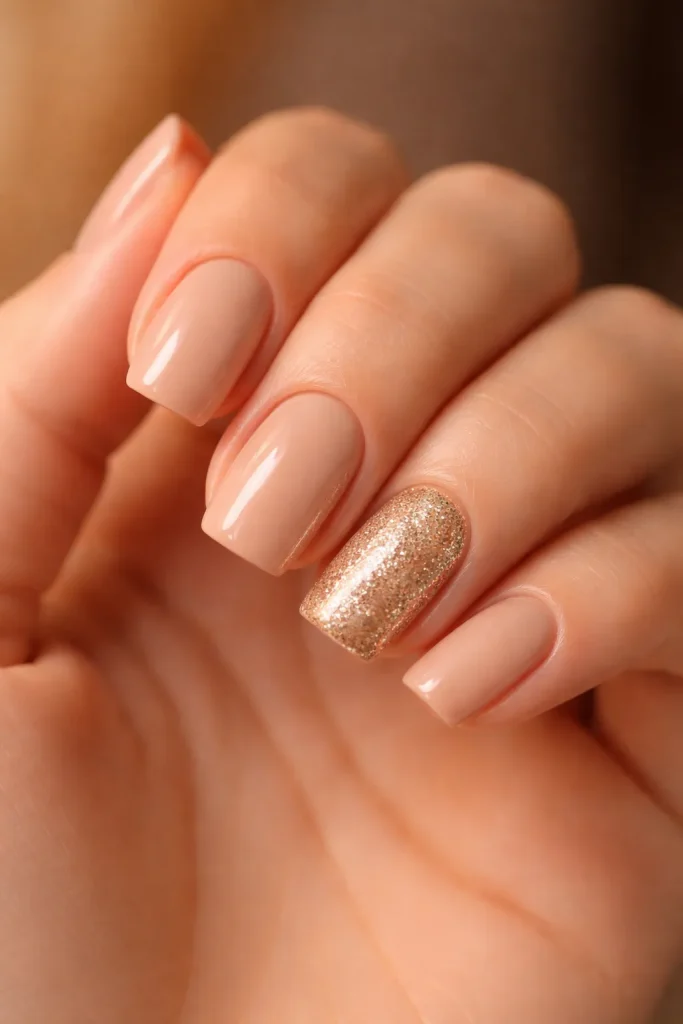 Nude manicure with a sparkling gold glitter accent on the ring finger