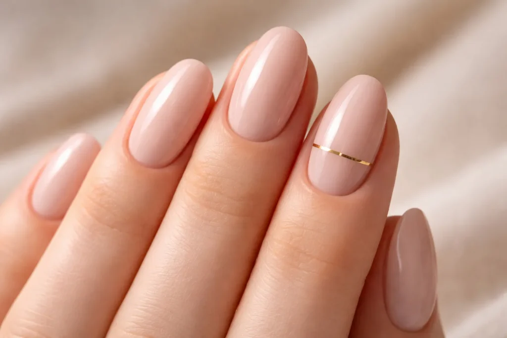 Minimalist nude nails with a thin gold line detail across the ring finger.