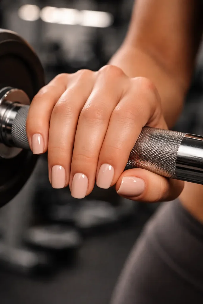 Short square nude nails on a hand gripping a gym barbell