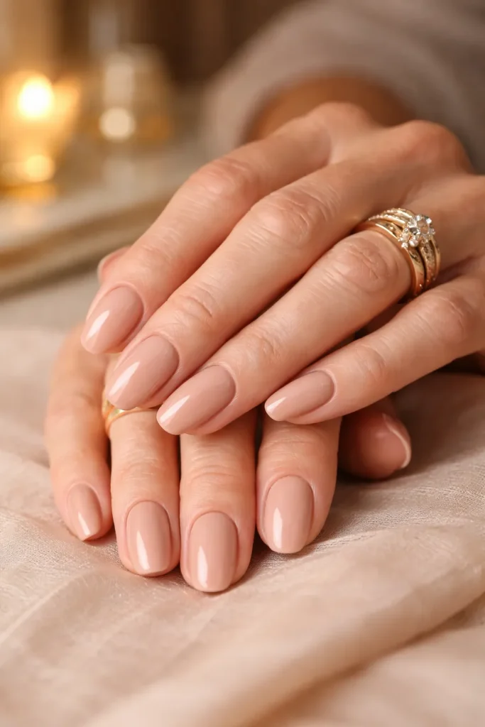 Neutral nude nail polish on elegant mature hands with gold rings