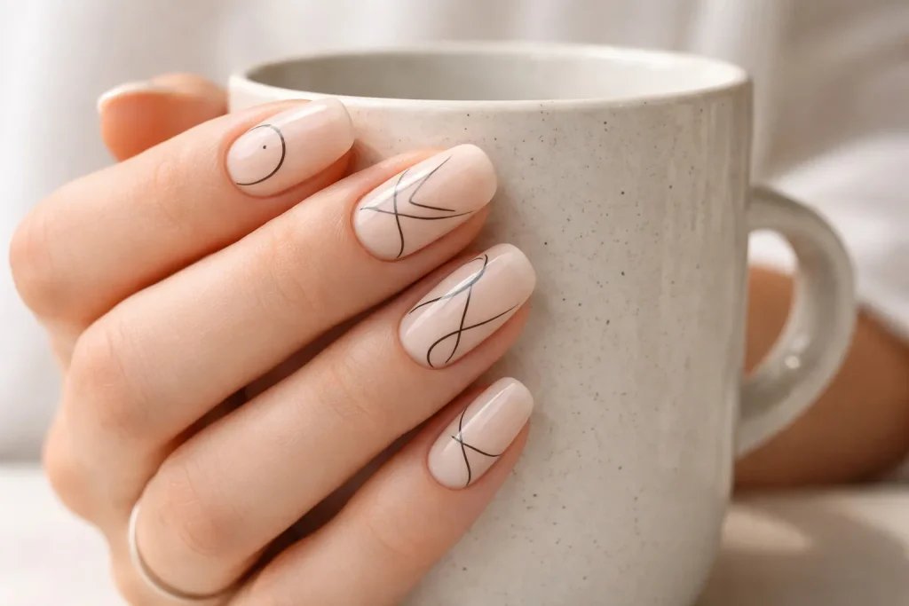 Minimalist black line art designs on a sheer nude beige nail polish base.