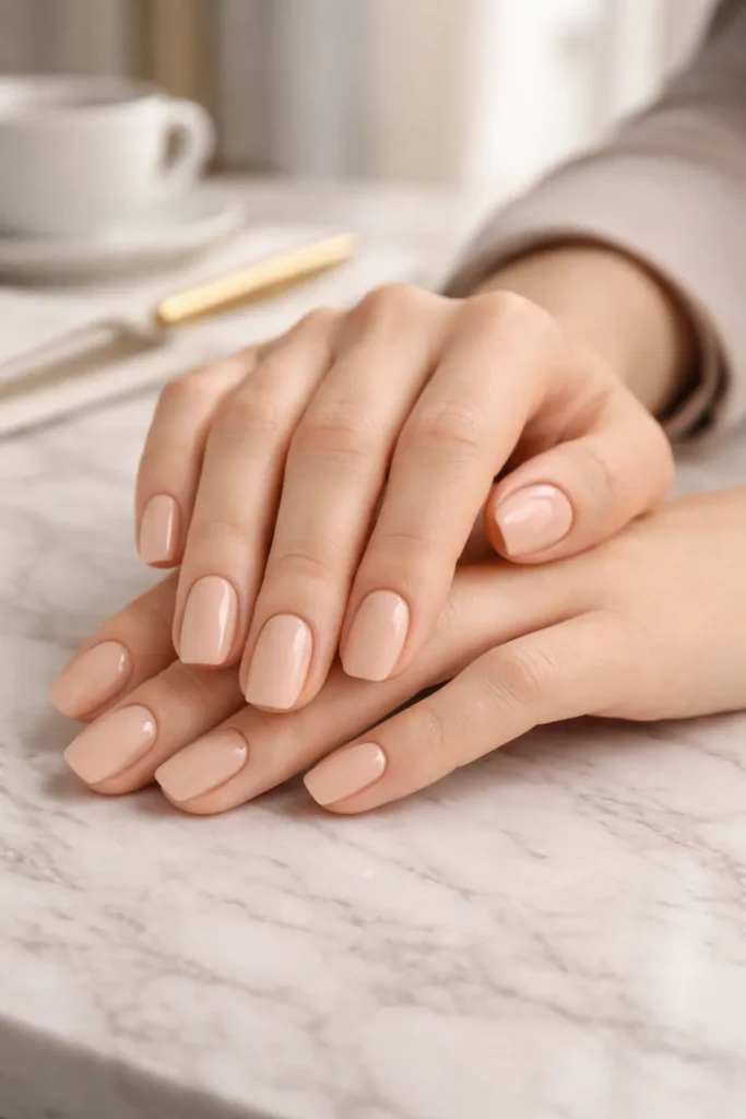 Close up of a classic nude manicure with a soft beige satin finish on a professional woman's hands