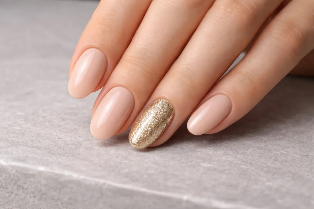 Glossy nude nails with a single gold glitter statement accent nail