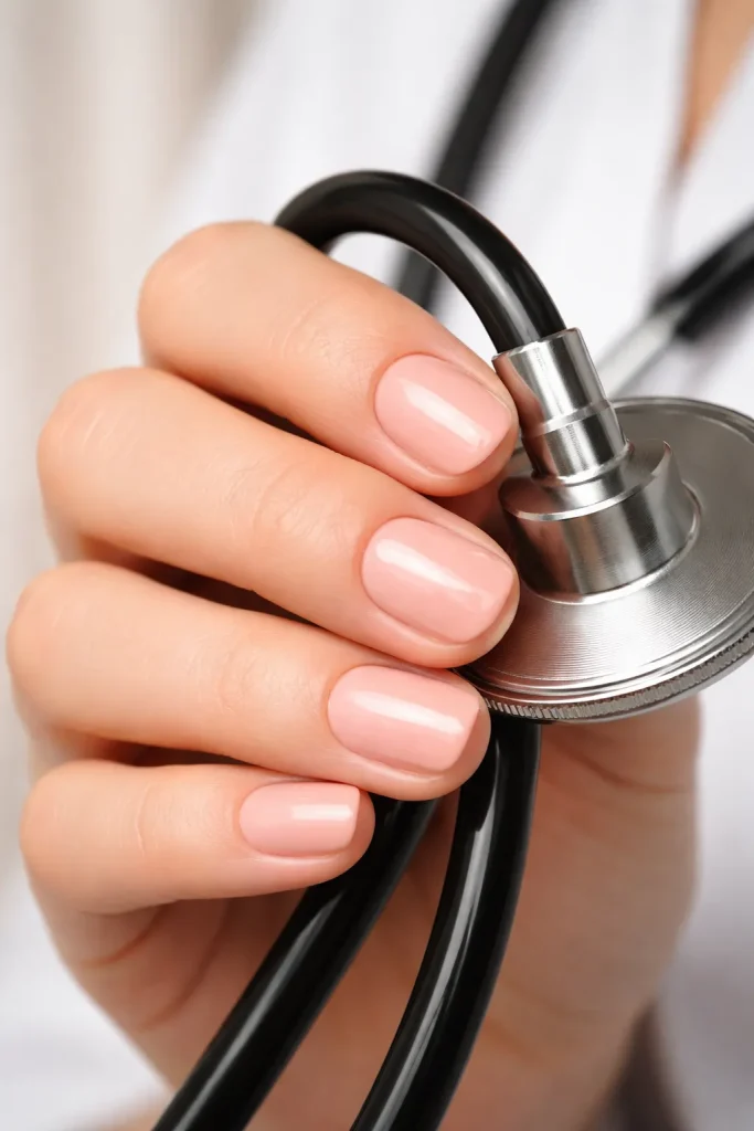 Short nails with nude pink polish matching skin tone held against a stethoscope