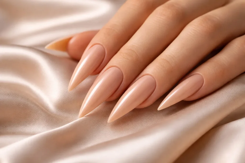 Close up of glossy nude stiletto nails on a hand resting on silk fabric