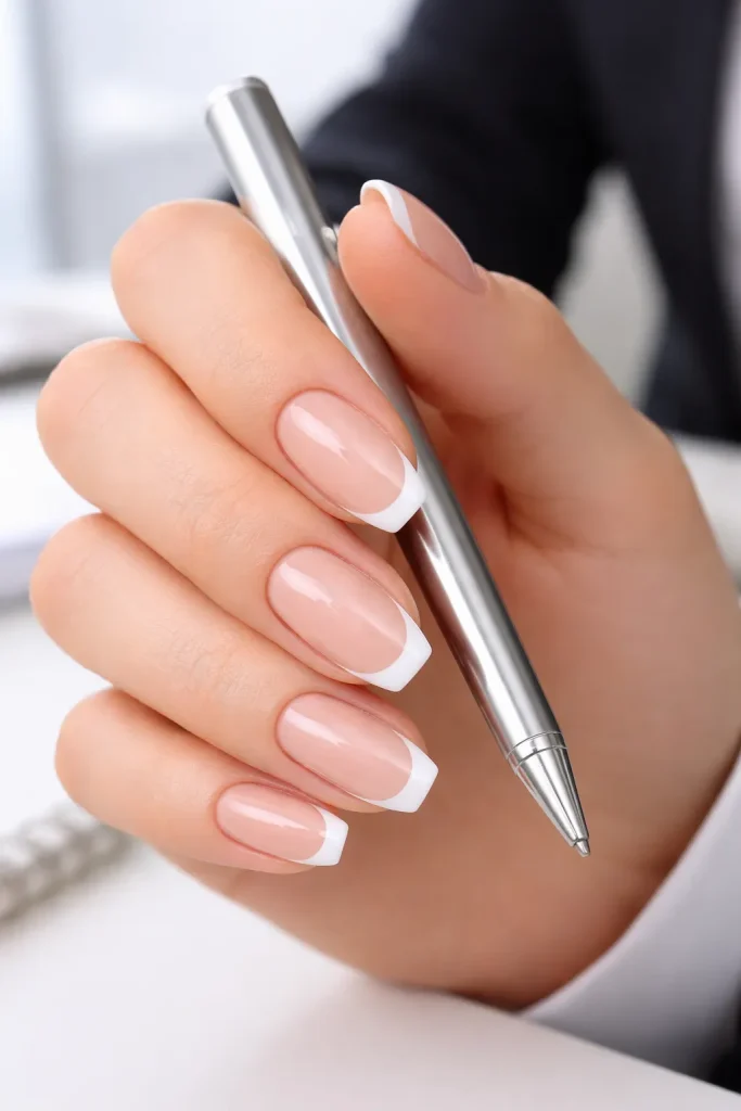 Modern manicure with crisp white tips on a matching nude base for a business professional
